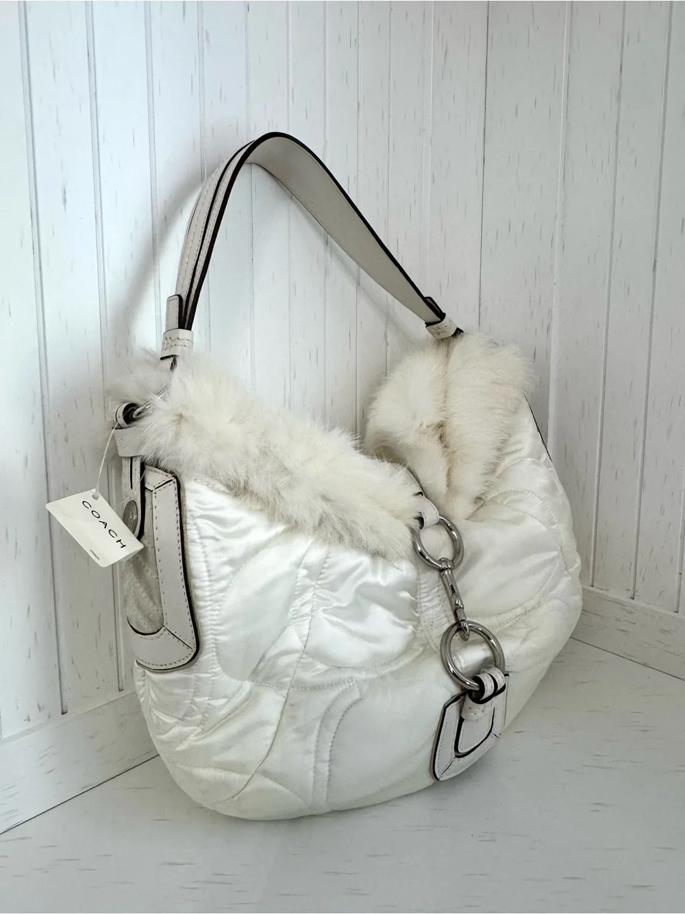 NWT, Y2K, Coach, Vintage, SoHo Ski, Cream Satin, Fur-Trim, Shoulder Bag
